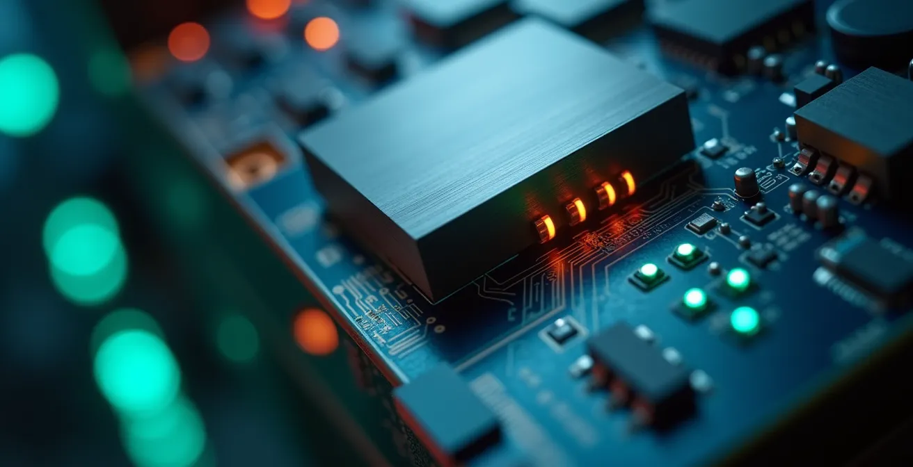 Detalle macro de sensor IoT instalado en sistema HVAC con luces LED indicadoras