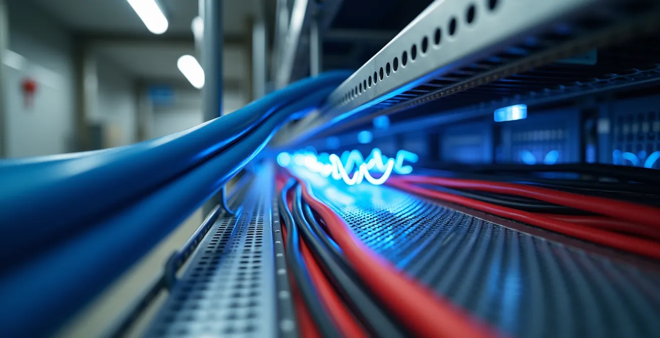 Vista de instalación mostrando la separación correcta entre cables de datos y líneas eléctricas