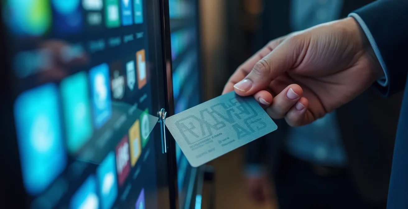 Empleado usando tarjeta de identificación en máquina expendedora inteligente con pantalla táctil