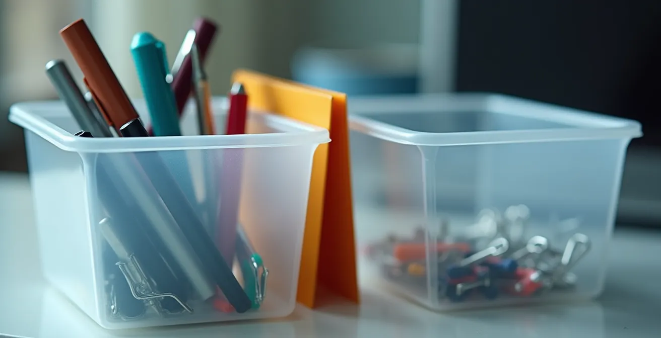 Sistema de doble cajón con tarjetas Kanban para material de oficina