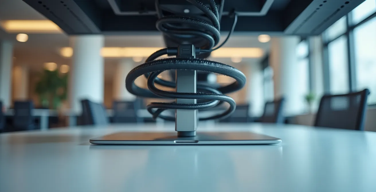 Columnas retráctiles bajando electricidad desde el techo hacia mesas móviles