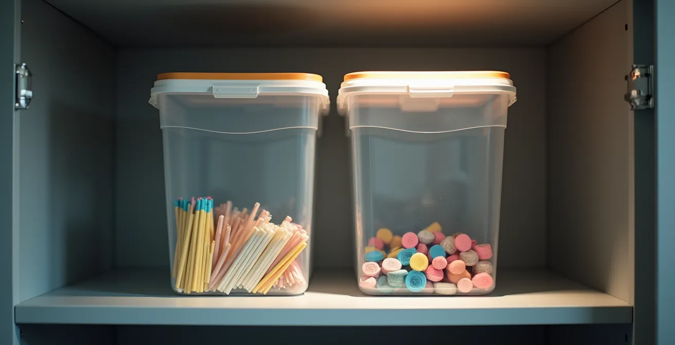 Sistema visual de control de inventario Kanban en armario de suministros de una oficina moderna.