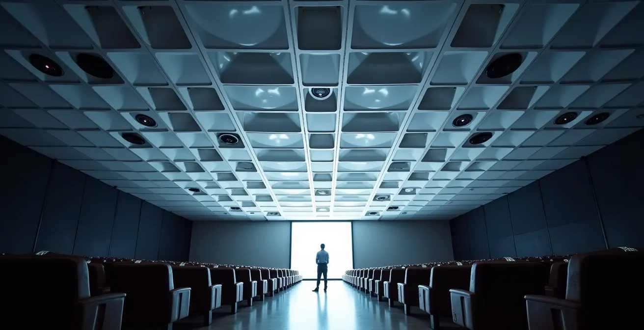 Sistema de microfonía de techo con tecnología beamforming instalado en un auditorio corporativo moderno