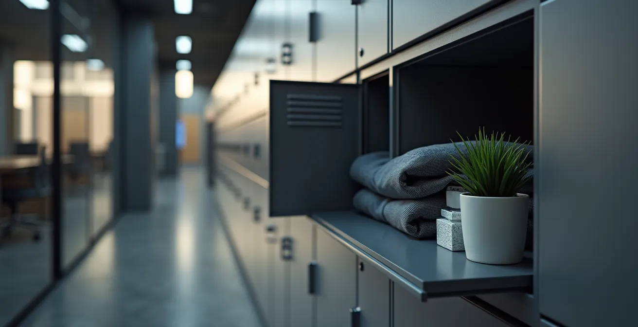 Vista de taquillas modernas con sistema de acceso digital y diseño integrado