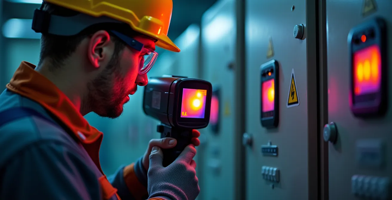 Técnico usando cámara termográfica para inspeccionar cuadro eléctrico industrial mostrando gradiente de temperaturas