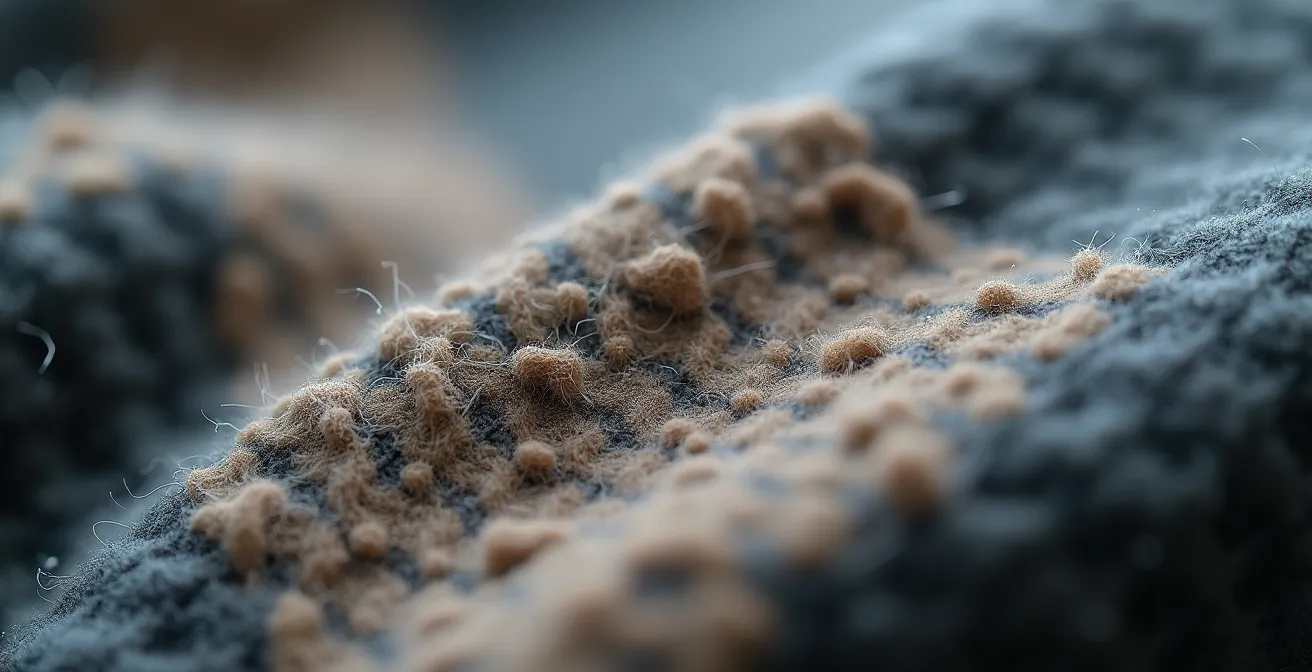 Detalle macro de tejido sometido a prueba Martindale mostrando desgaste de fibras