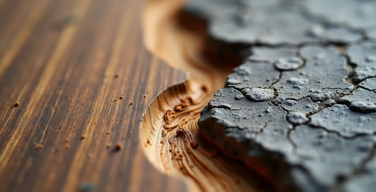 Detalle macro de superficies de madera y piedra natural en mobiliario de oficina