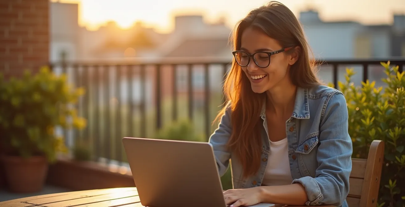 Joven profesional trabajando desde un espacio exterior con naturaleza, simbolizando la autonomía y flexibilidad que valora la Generación Z.