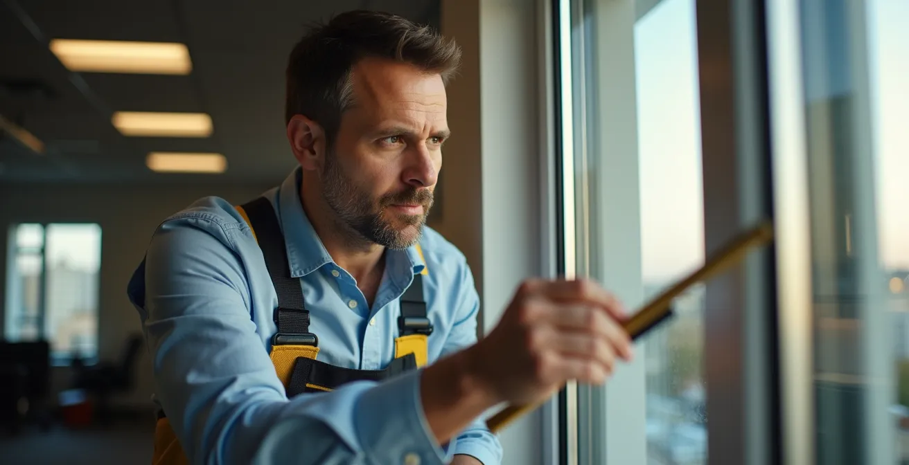 Instalación de ventanas de triple acristalamiento y sistema de iluminación LED en oficina moderna