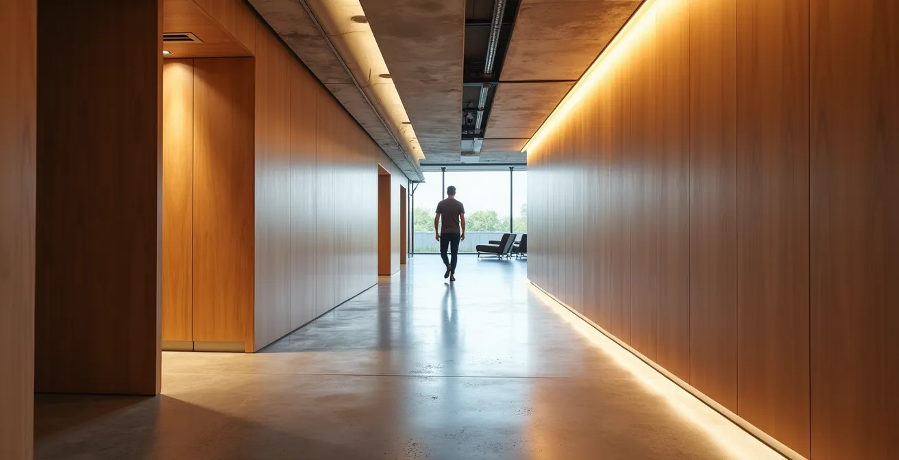 Pasillo de oficina con elementos de wayfinding sensorial y señalización arquitectónica intuitiva