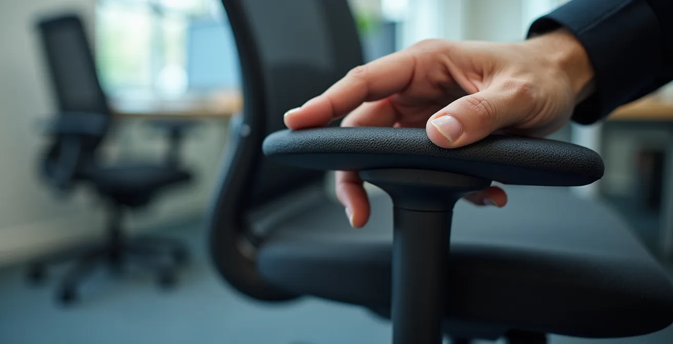 Vista macro de controles de ajuste ergonómico en silla de oficina profesional